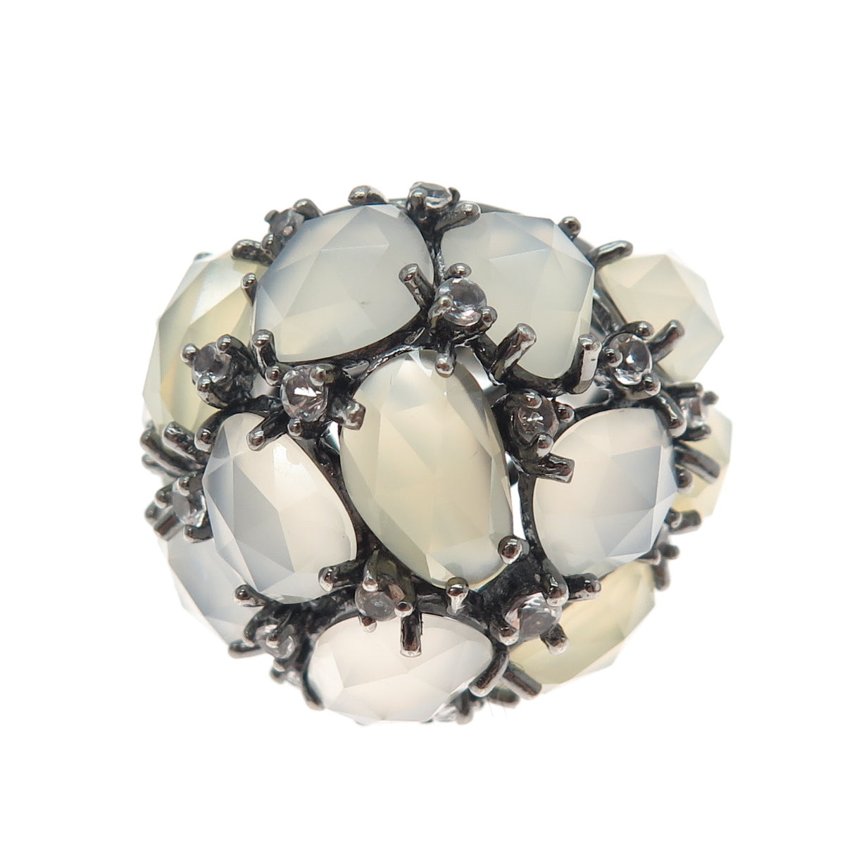 925 Sterling Silver Black Rhodium Real Chalcedony & White Topaz Ring Size 7.25