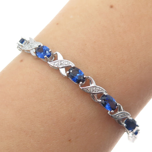 SUN 925 Sterling Silver Real Diamond Accent Lab-Created Sapphire Bracelet 6.75"