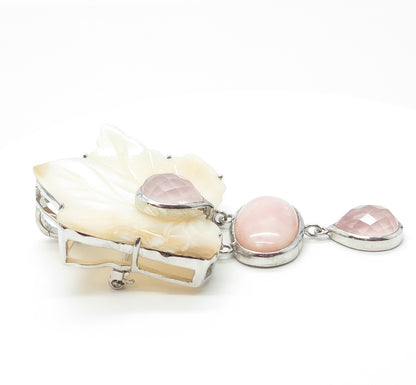 925 Sterling Silver Vintage Real MOP & Rose Quartz Floral Large Brooch Pendant