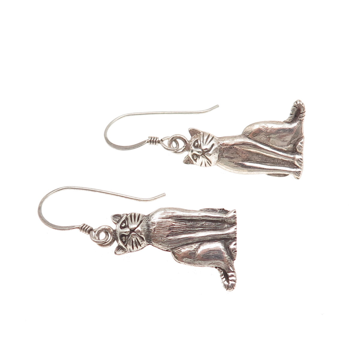 925 Sterling Silver Vintage Cat Oxidized Dangle Earrings