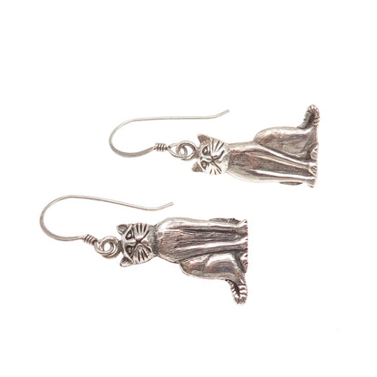925 Sterling Silver Vintage Cat Oxidized Dangle Earrings