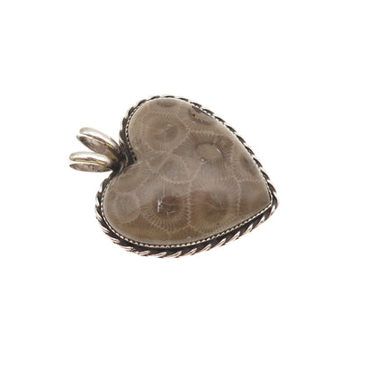 925 Sterling Silver Vintage WT Artisan Real Fossil Heart Heavy 21.7g Pendant
