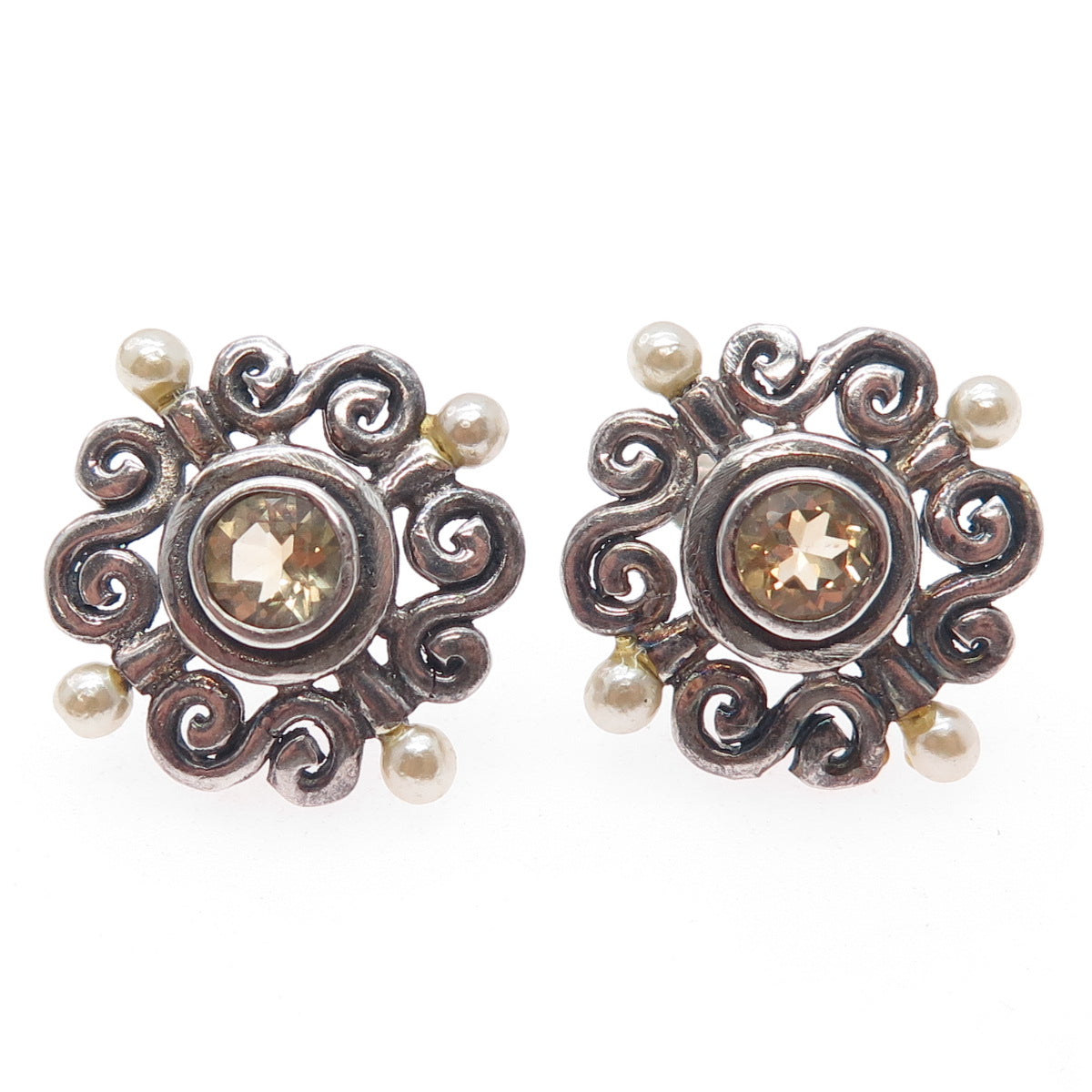 925 Sterling Silver Vintage Faux Pearl & Real Citrine Swirl Oxidized Earrings