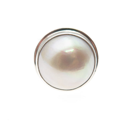 925 Sterling Silver Vintage Real Pearl Modernist Oxidized Ring Size 6.25