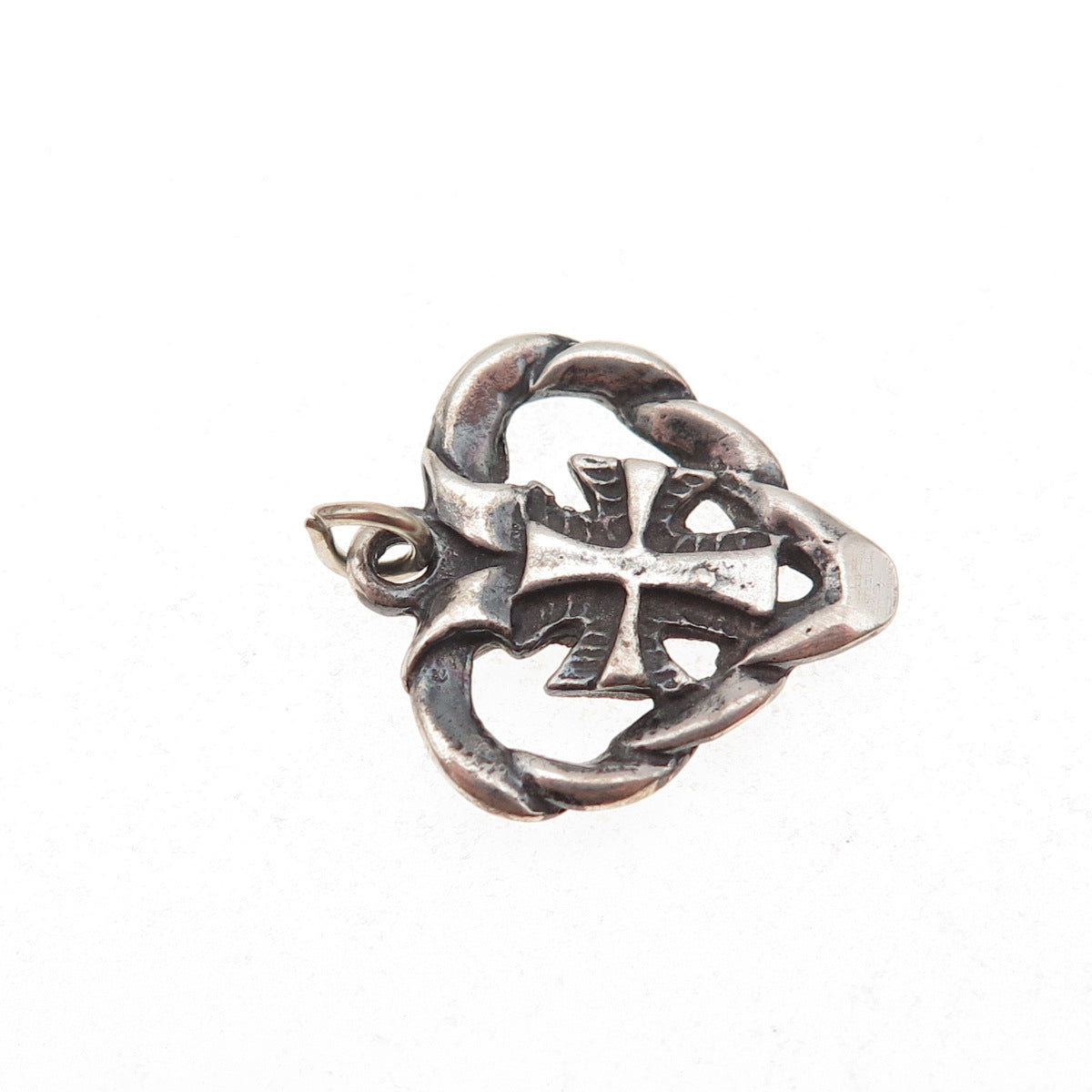 925 Sterling Silver Vintage Cross Heart Oxidized Charm Pendant