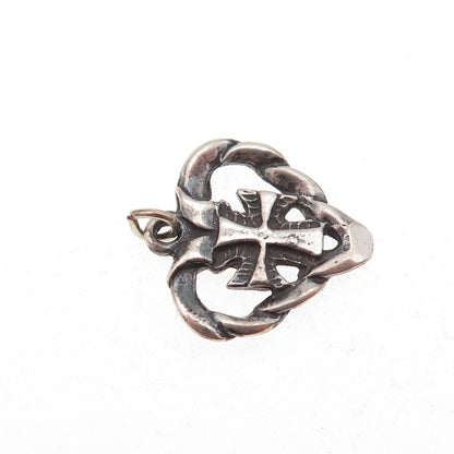 925 Sterling Silver Vintage Cross Heart Oxidized Charm Pendant