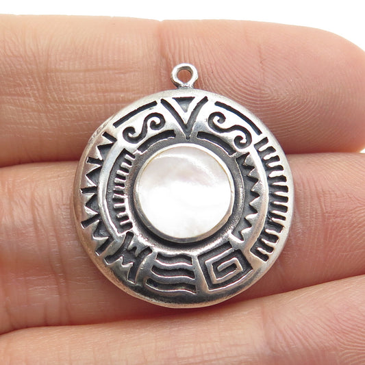 BOMA 925 Sterling Silver Vintage Real Mother-of-Pearl Tribal Round Pendant