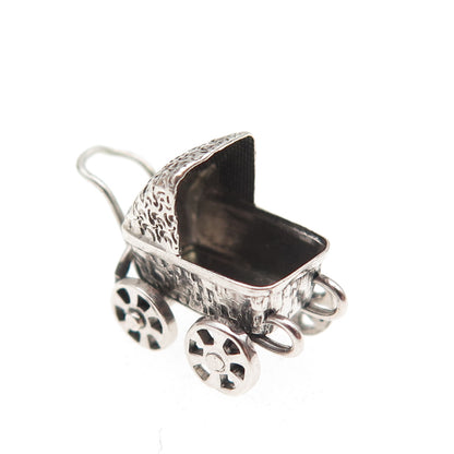 925 Sterling Silver Vintage Baby Stroller Oxidized 3D Mini Charm Pendant
