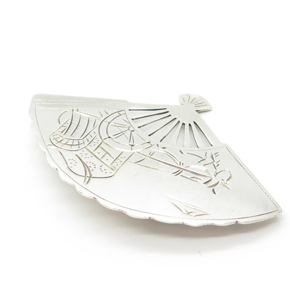 950 Silver Vintage Fan Etched Pin Brooch