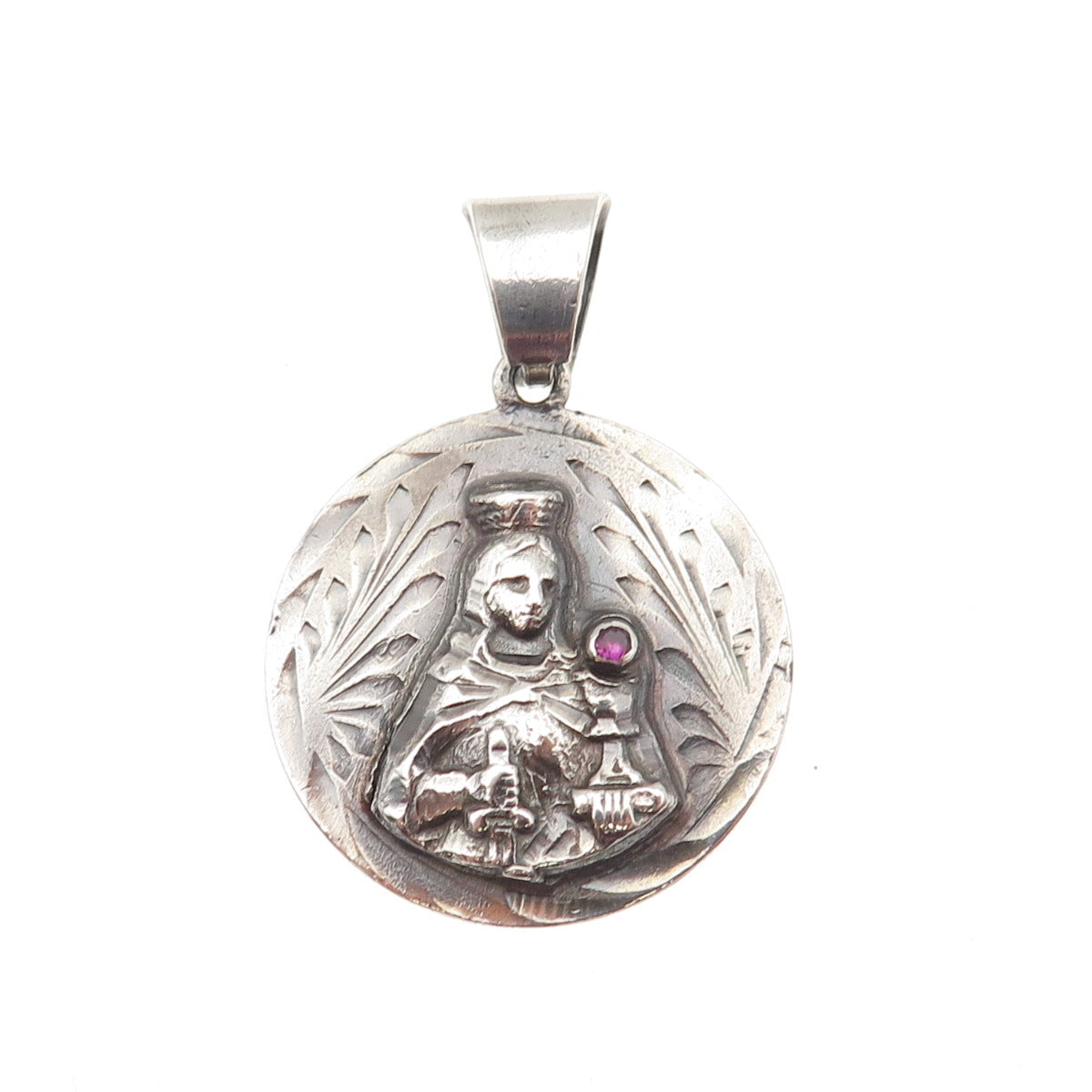 925 Sterling Silver Vintage Real Ruby Saint Barbara Oxidized Medal Pendant