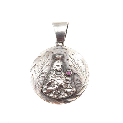 925 Sterling Silver Vintage Real Ruby Saint Barbara Oxidized Medal Pendant