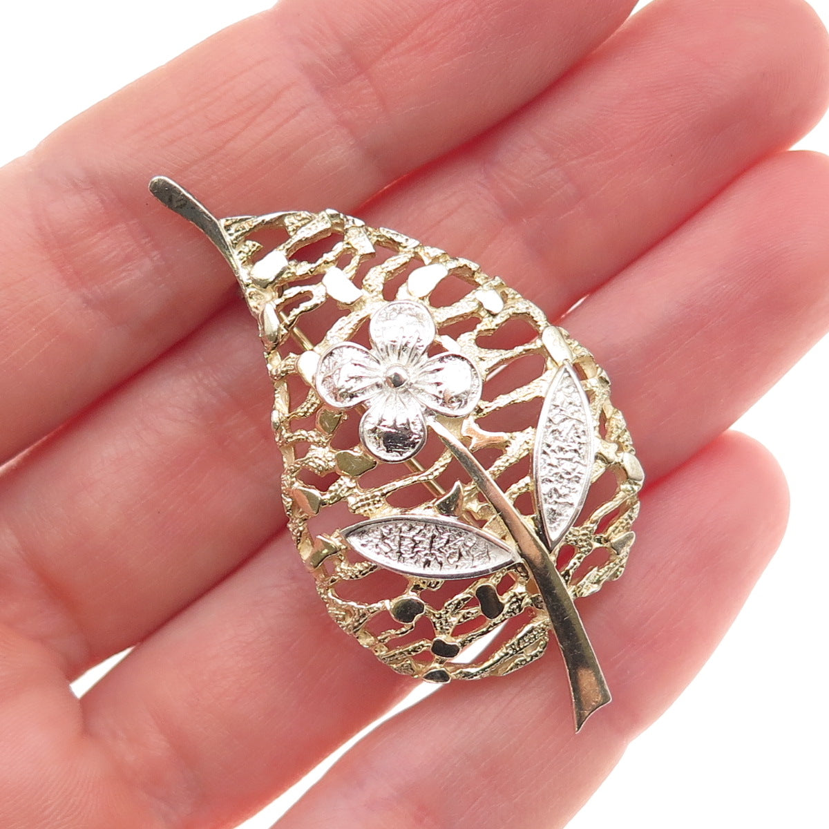 Van Lou 925 Sterling Silver 2-Tone Vintage Germany Floral Pin Brooch