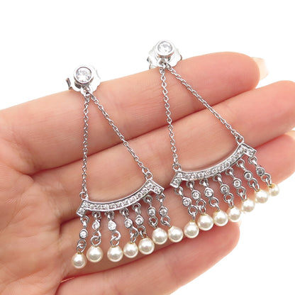 925 Sterling Silver Faux Pearl & C Z Chatelaine Dangle Earrings