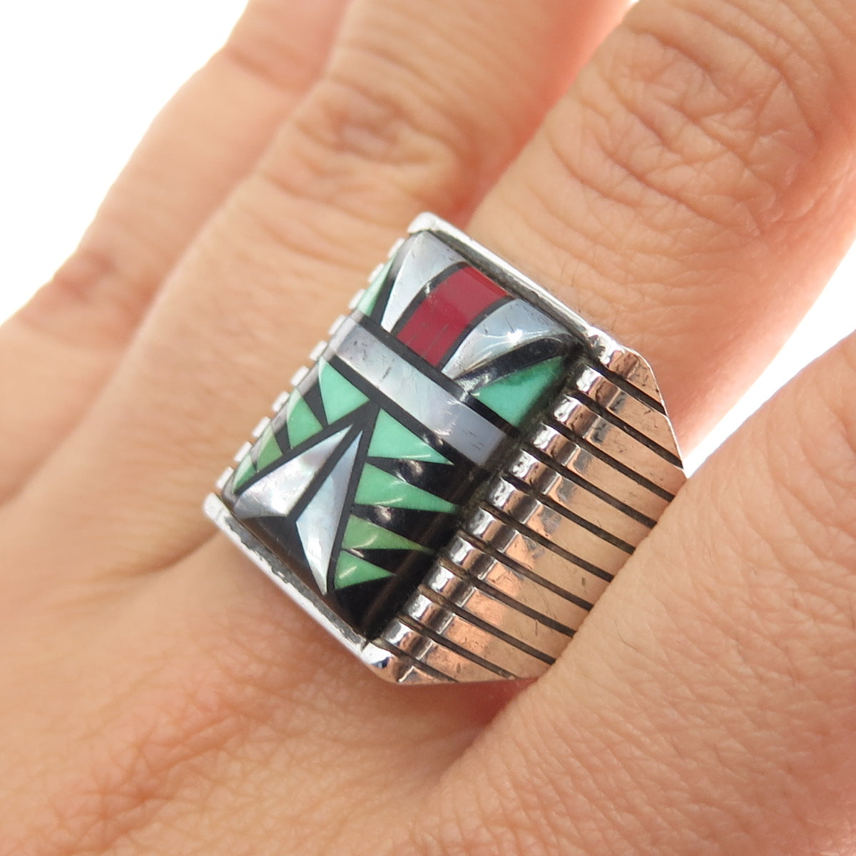 Sophia Becenti Navajo Old Pawn Sterling Silver Vintage Multi-Gem Ring Size 12.5