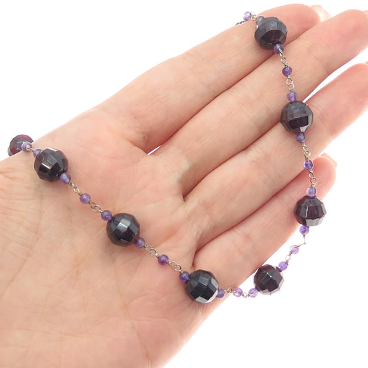 925 Sterling Silver Vintage Real Red Garnet & Amethyst Beaded Chain Necklace 16"