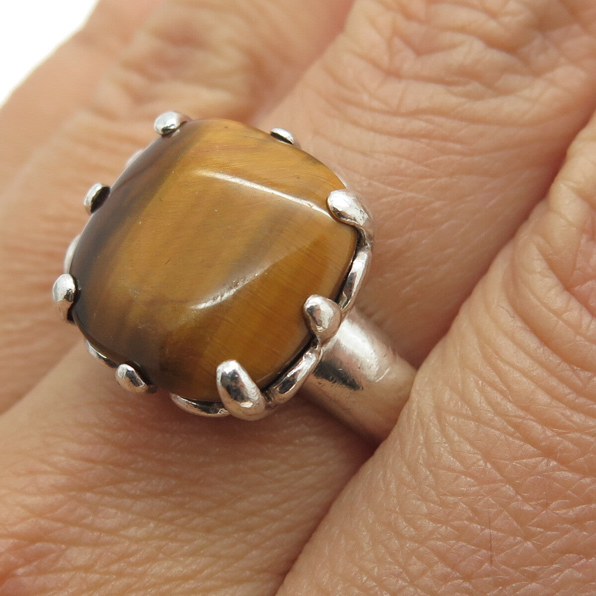 AIL Aluma 925 Sterling Silver Vintage Real Tiger Eye Modernist Ring Size 7.75