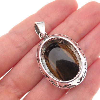 925 Sterling Silver Vintage Real Tiger Eye Floral Scroll Charm Pendant