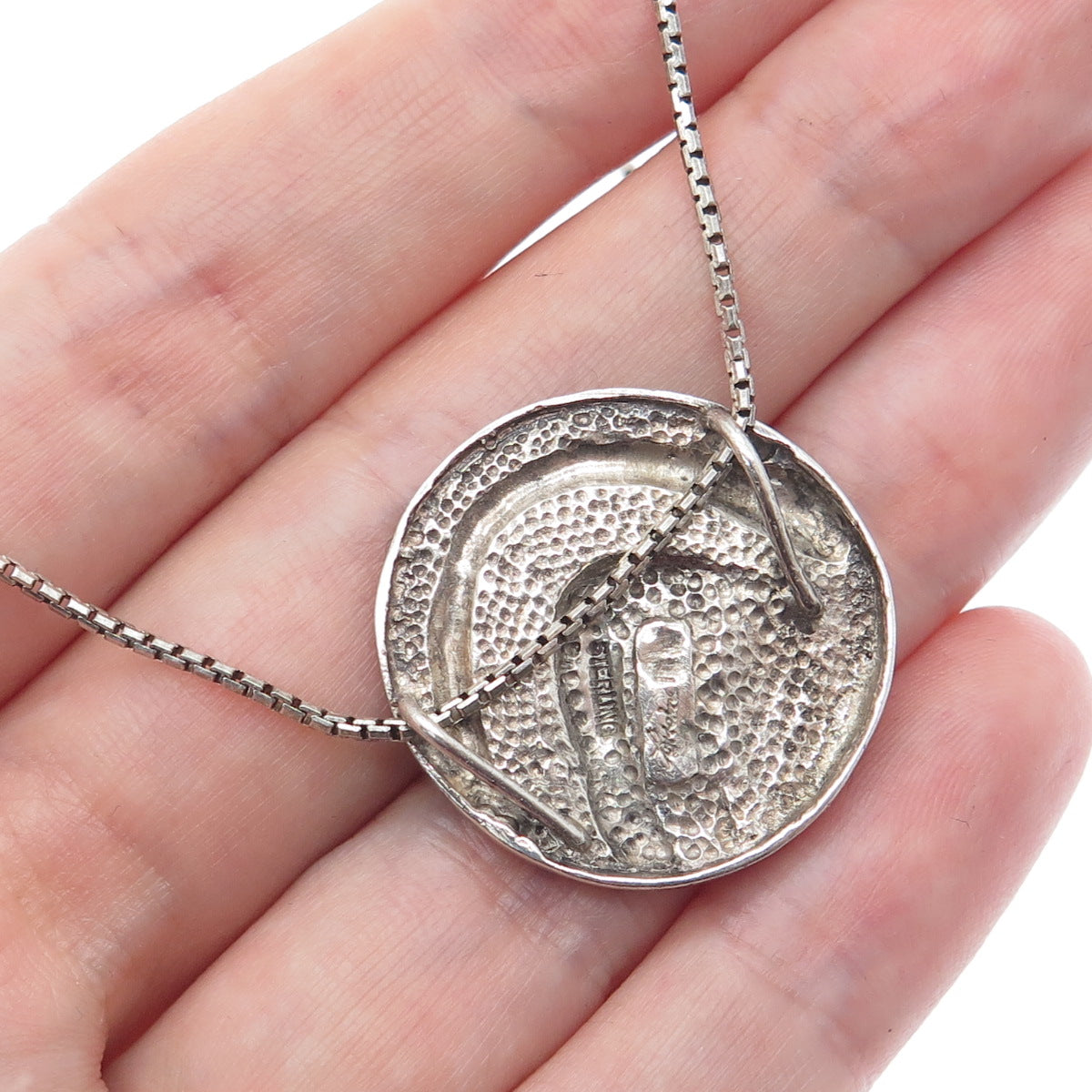 925 Sterling Silver Vintage Modernist Pendant Round Box Chain Necklace 16"