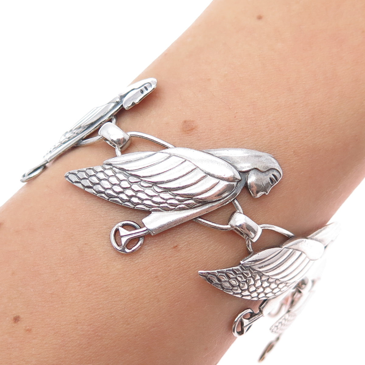 HARRY S. BICK Sterling Silver Vintage Bird Goddess Link Oxidized Bracelet 7.25"