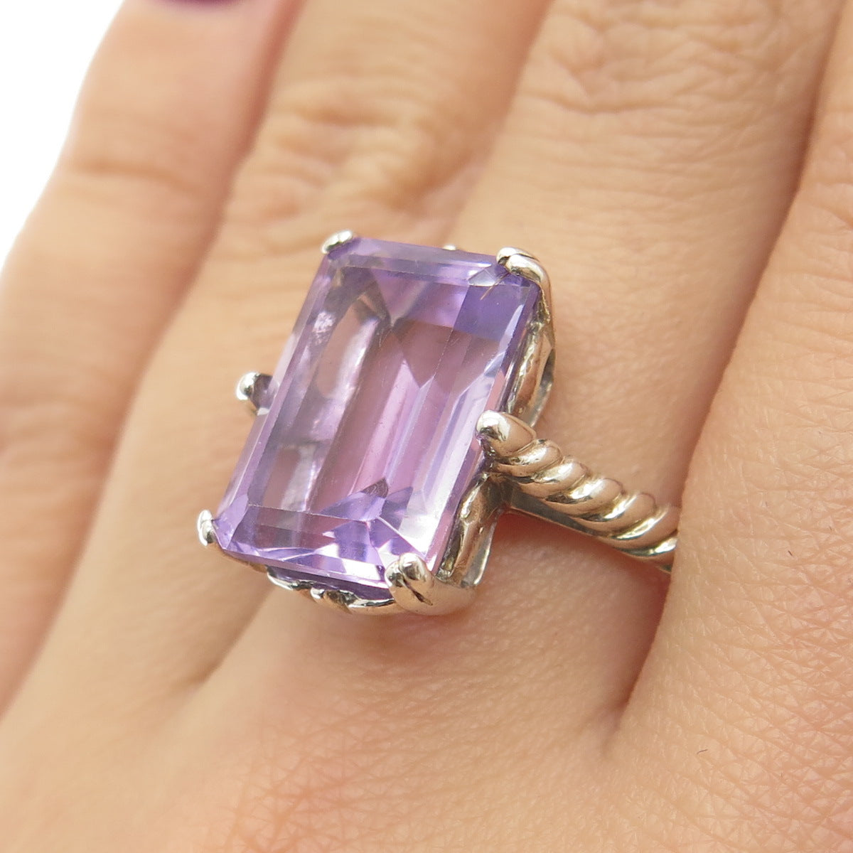 925 Sterling Silver Vintage Real Emerald-Cut Amethyst Twisted Ring Size 6.75