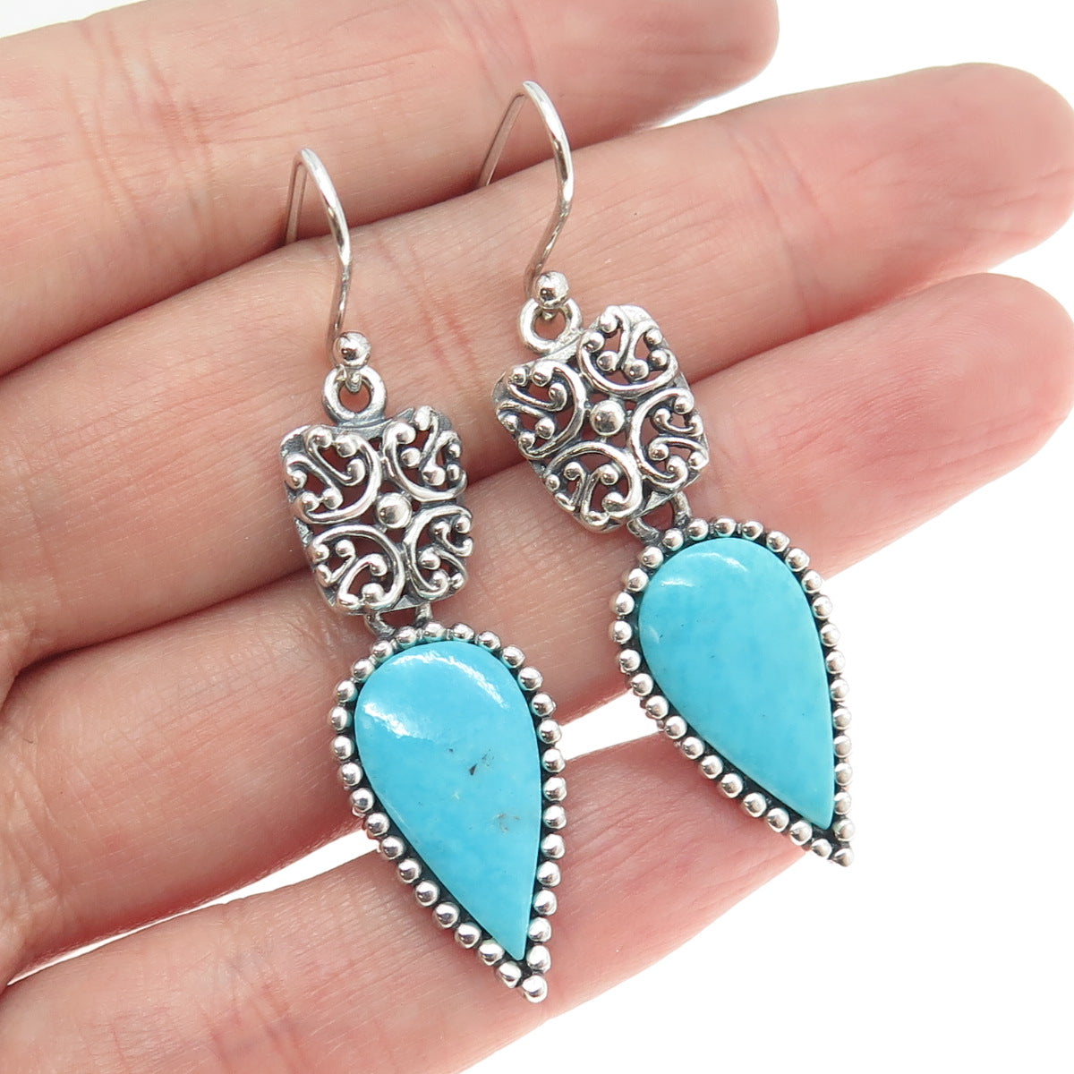 925 Sterling Silver Vintage Real Pear-Cut Turquoise Floral Ornate Earrings