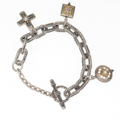 925 Sterling 2-Tone Vintage Amethyst Peridot & Topaz Multi-Charm Bracelet 6.75"
