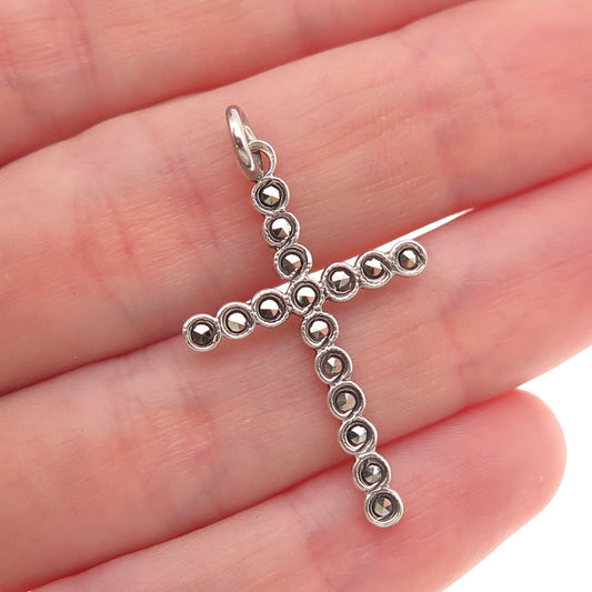 925 Sterling Silver Antique Art Deco Real Marcasite Cross Oxidized Charm Pendant