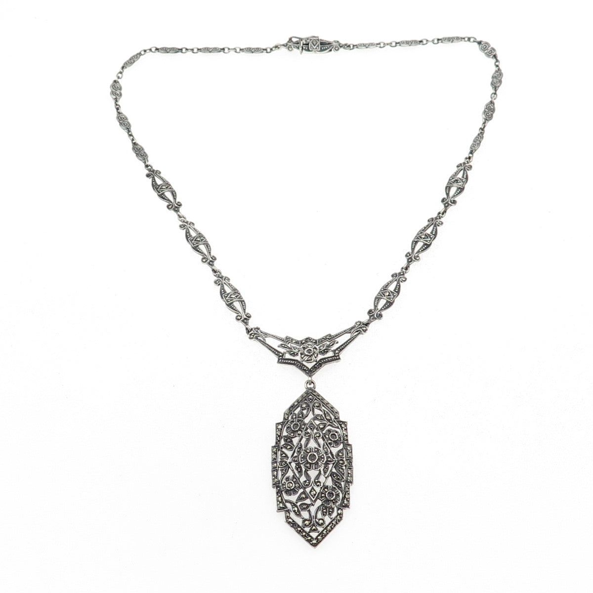 925 Sterling Antique Art Deco Real Marcasite Necklace 16" (missing 26 stones)