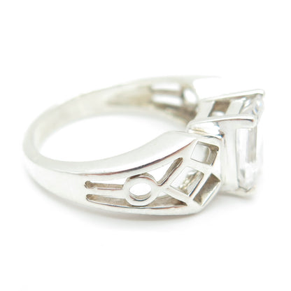 925 Sterling Silver Vintage Emerald-Cut Shaped C Z Cage Ring Size 6.25