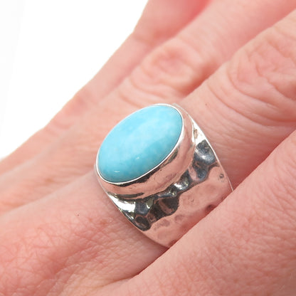 Shube 925 Sterling Silver Vintage Real Turquoise Hammered Ring Size 7.25
