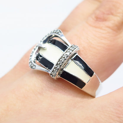 925 Sterling Silver Jane Seymour White Diamond Enamel Belt Buckle Ring Size 6.75