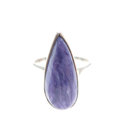 925 Sterling Silver Vintage Real Charoite Gemstone Teardrop Ring Size 6