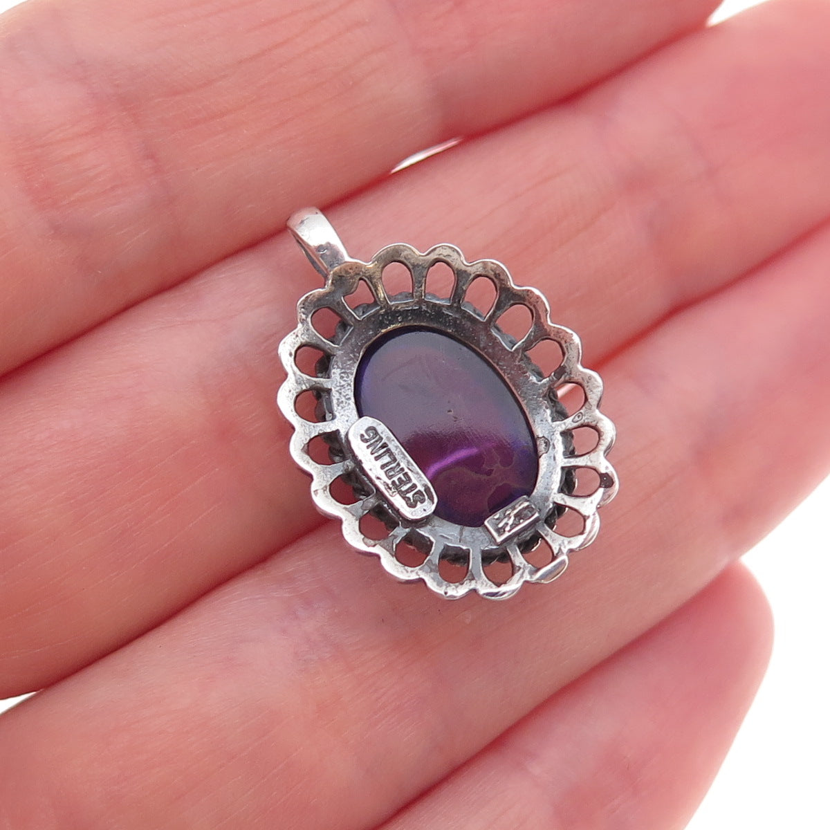 925 Sterling Silver Vintage Real Amethyst Floral Oxidized Charm Pendant