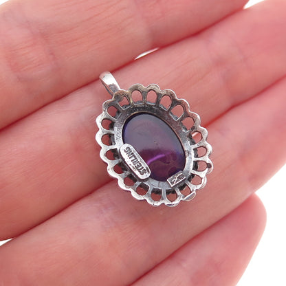 925 Sterling Silver Vintage Real Amethyst Floral Oxidized Charm Pendant