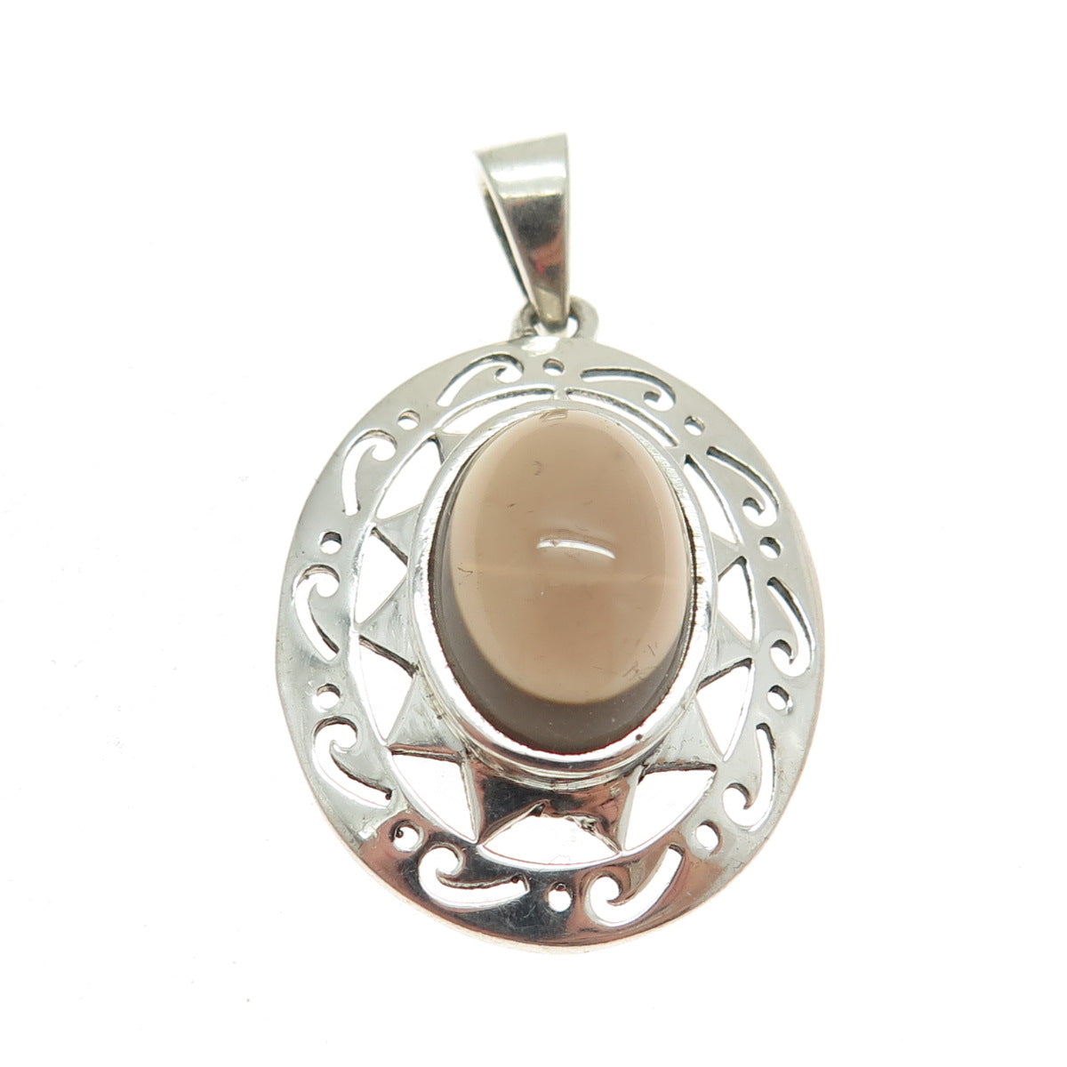 925 Sterling Silver Vintage Real Oval-Cut Smoky Quartz Sun Pendant