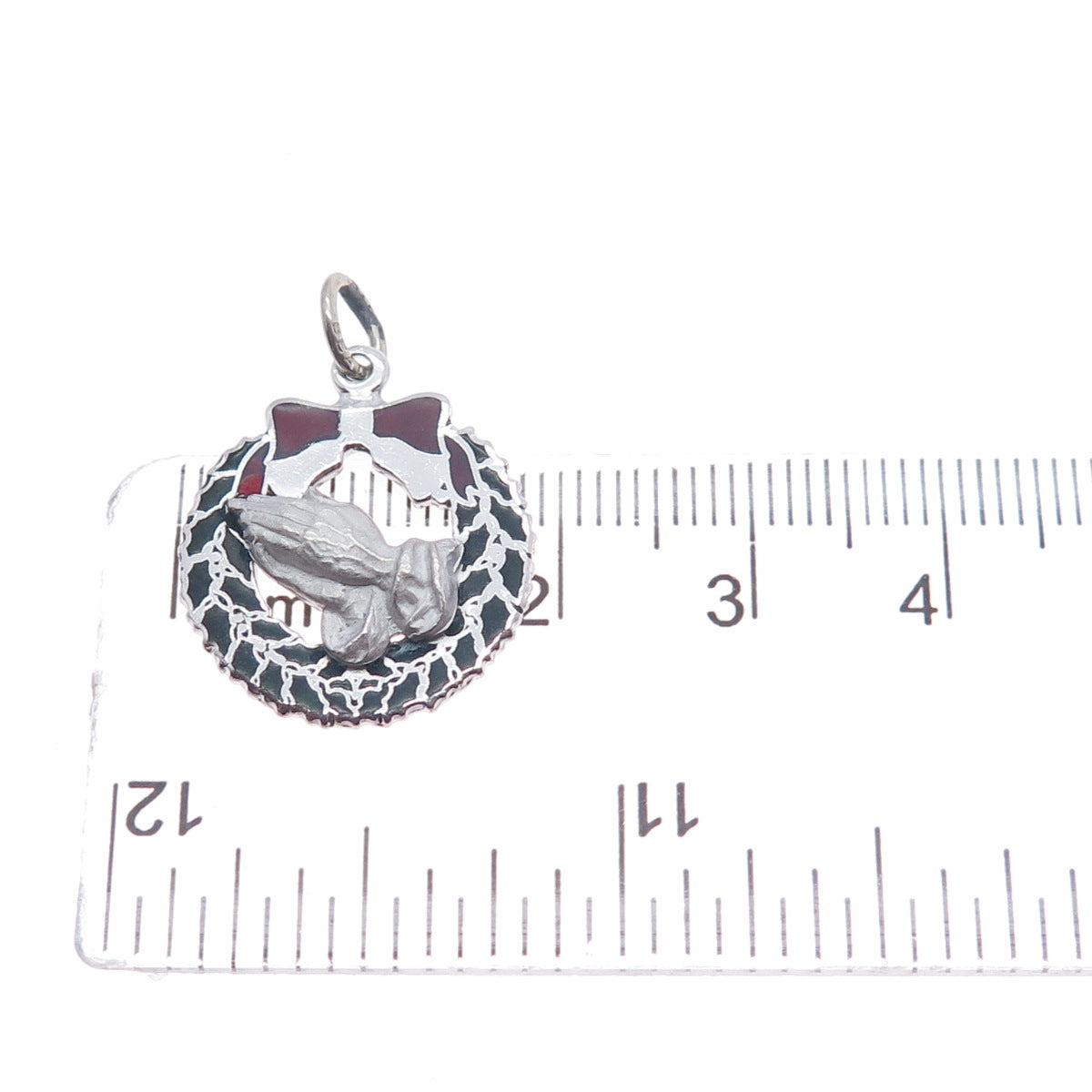 BEAU 925 Sterling Silver Vintage Enamel Christmas Wreath Praying Hands Pendant