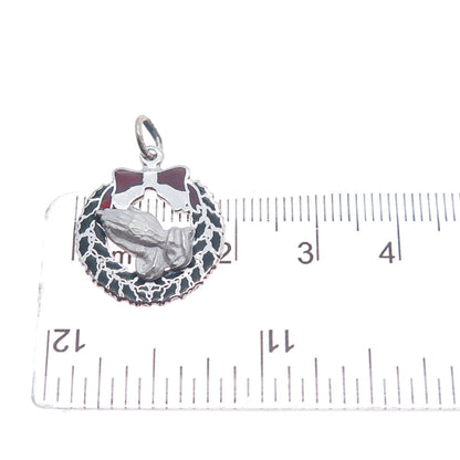 BEAU 925 Sterling Silver Vintage Enamel Christmas Wreath Praying Hands Pendant