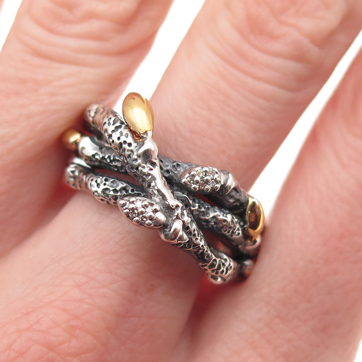 Stephen Dweck 925 Sterling Silver 2-Tone Real Diamond Botanical Ring Size 9.25