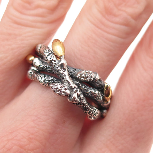 Stephen Dweck 925 Sterling Silver 2-Tone Real Diamond Botanical Ring Size 9.25