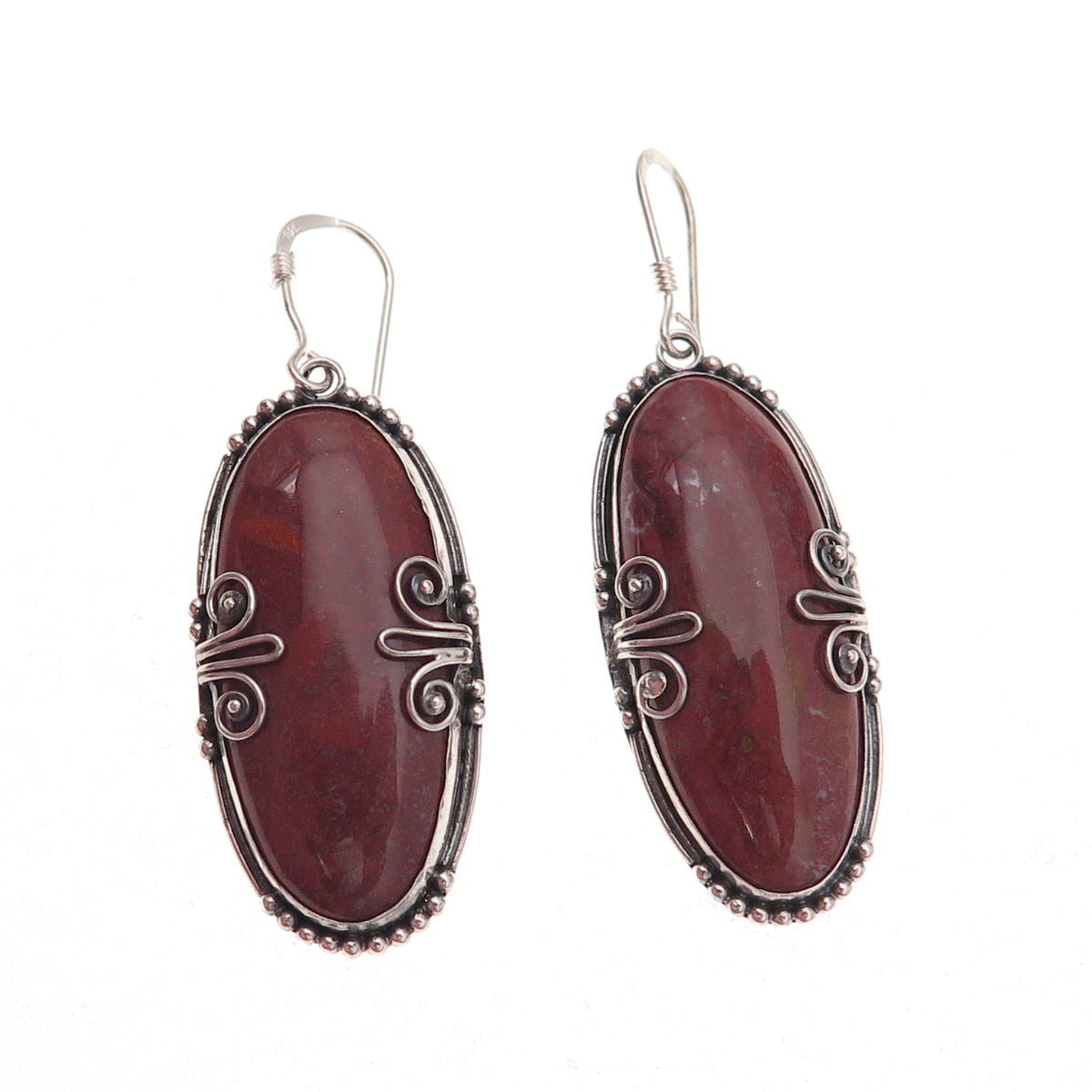 925 Sterling Silver Vintage Real Red Jasper Floral Oxidized Dangle Earrings