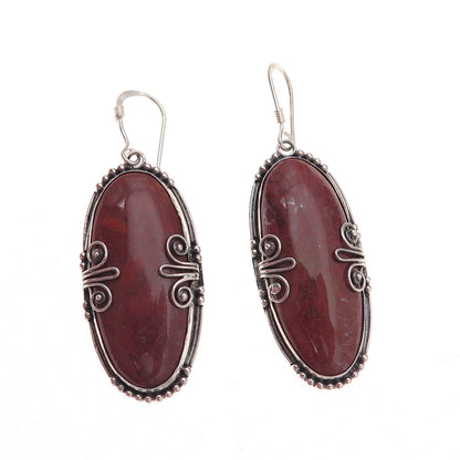 925 Sterling Silver Vintage Real Red Jasper Floral Oxidized Dangle Earrings