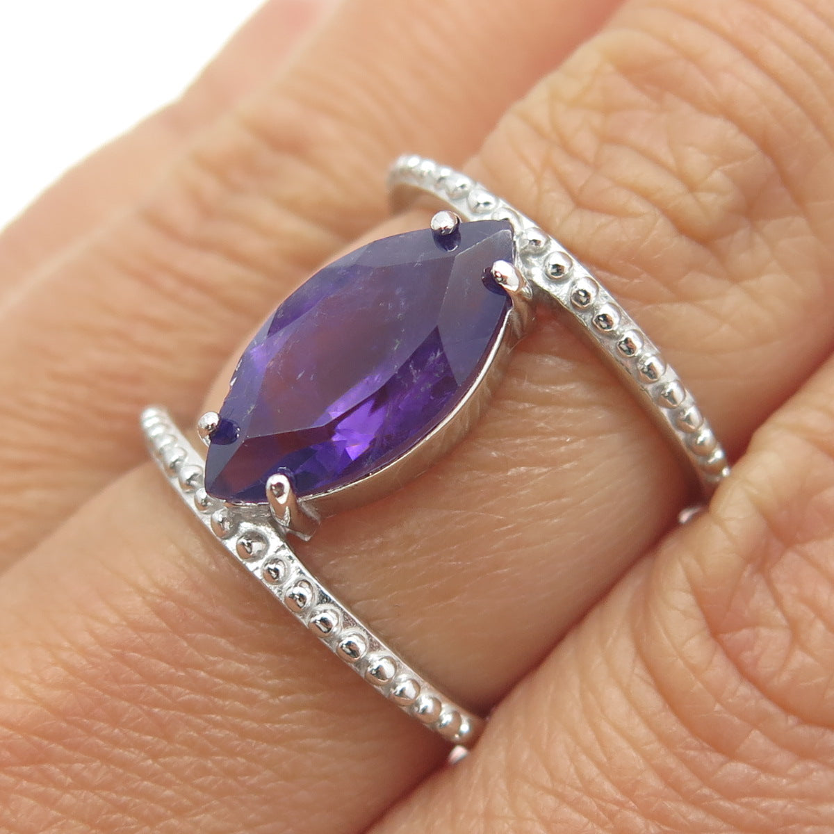 925 Sterling Silver Real Marquise-Cut Amethyst Granulated Ring Size 8.25