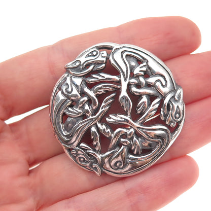 925 Sterling Silver Vintage Celtic Dragon Oxidized Pin Brooch / Pendant