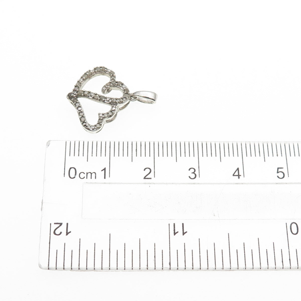 925 Sterling Silver Real Round-Cut Diamond Double Heart Mini Charm Pendant