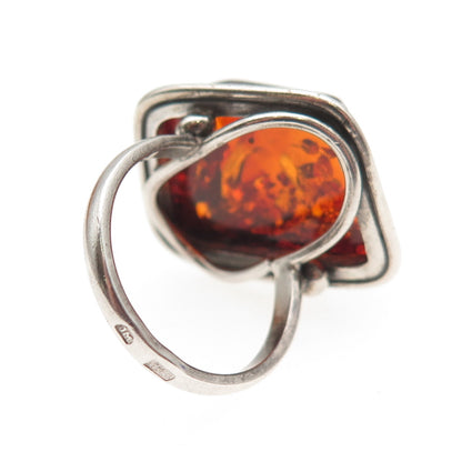 925 Sterling Silver Vintage JM Poland Real Amber Modernist Ring Size 7