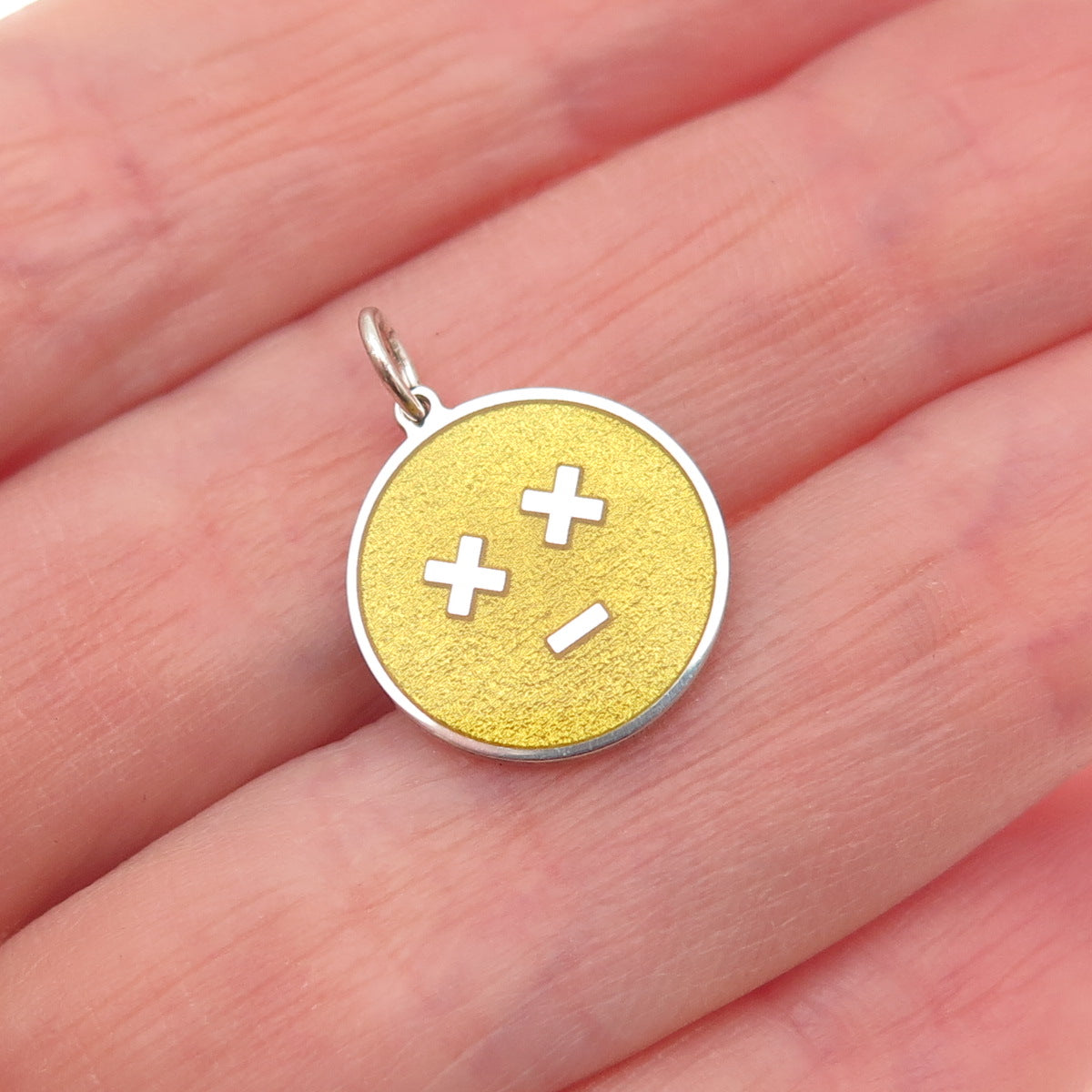 925 Sterling Silver Yellow Enamel Dead Face Emoji Round Tag Mini Charm Pendant