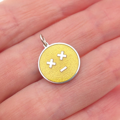 925 Sterling Silver Yellow Enamel Dead Face Emoji Round Tag Mini Charm Pendant