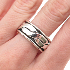 925 Sterling Silver Vintage Mexico Woven Oxidized Rotating Band Ring Size 9.75