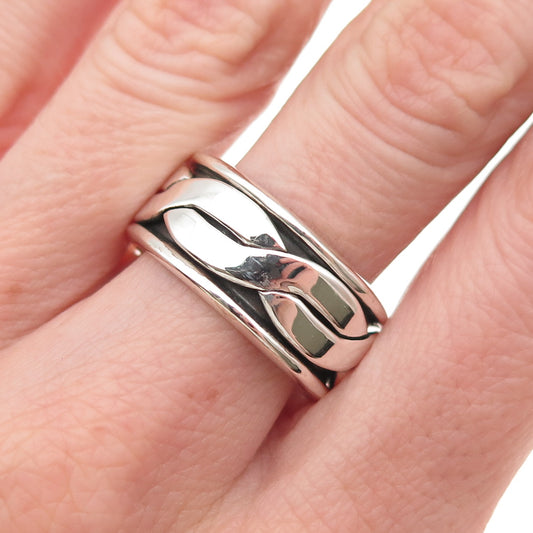 925 Sterling Silver Vintage Mexico Woven Oxidized Rotating Band Ring Size 9.75