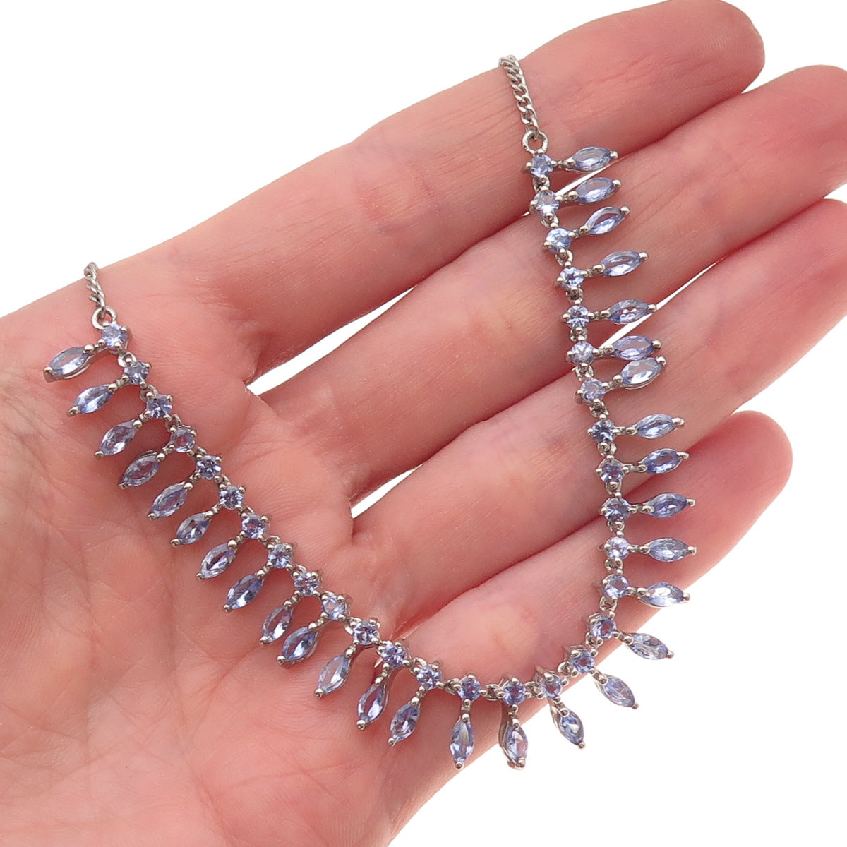 925 Sterling Silver Real Round & Marquise-Cut Tanzanite Chain Necklace 18-20"